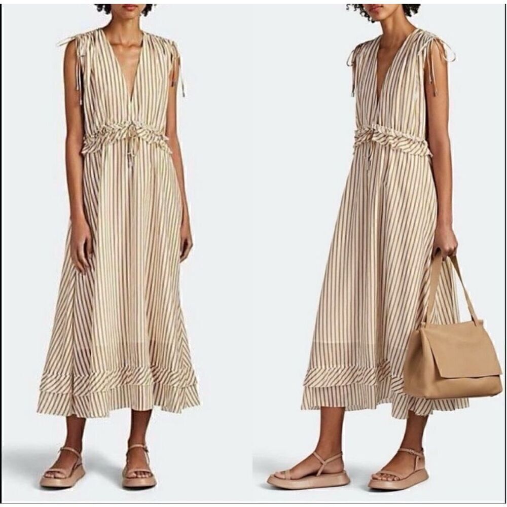 Robert Rodriguez XS Tiered Midi Dress Gold White Stripe Coastal Lagenlook New
